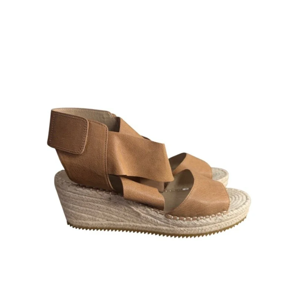 Eileen Fisher Willow Tumbled Leather Wedge Espadrille size 10M Honey Tan Sandals